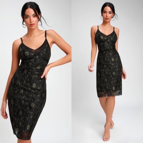 Lulus Dresses & Skirts - Lulu's Shine in the night Gold Black Lace Dress Medium NWT
